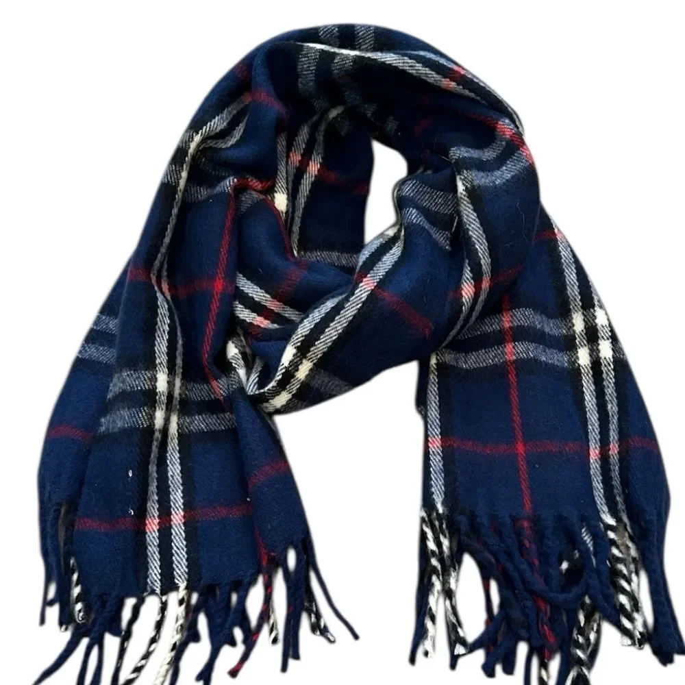 Cashmere Plaid Fringe Scarf in Navy and Red 100% Kashmir by Royal Rossi
